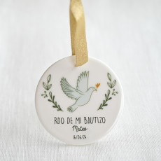 cerámica diseño paloma, recuerdo de mi bautizo con el nombre y fecha