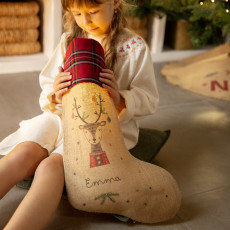 personalised Christmas stocking, hessian and red tartan