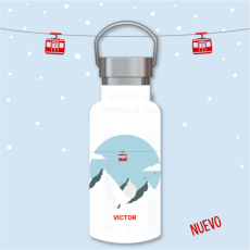 botella con diseño de invierno, montaña nieve y teleférico