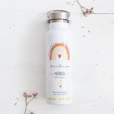 gourde personnalisée prenom, maîtresse et arc-en-ciel de coeur