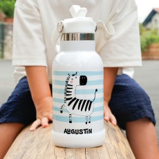 personalised kids water bottles, fun zebra and blue stripes