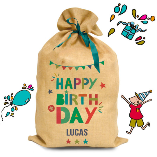 Personalised birthday sack a large gift bag 100 hessian printed with the name of the birthday boy or girl an alternative to wrapping paper Mine4S