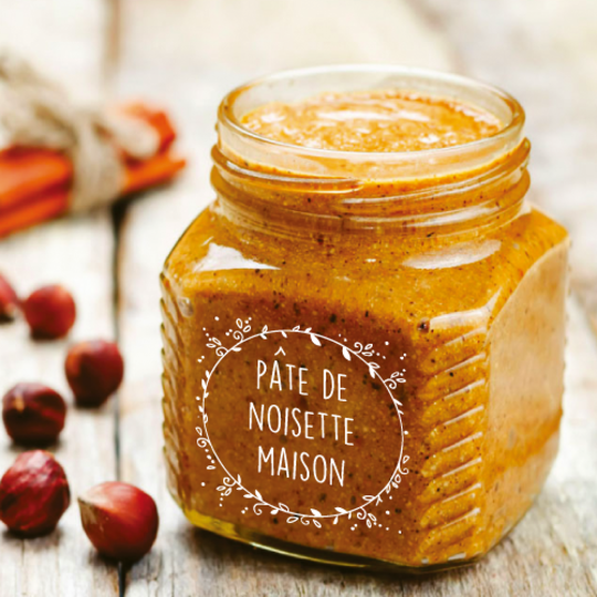 etiquette confiture maison transparente encre blanche. Parfait pour étiquetter un pot de pâte de noisette faite maison
