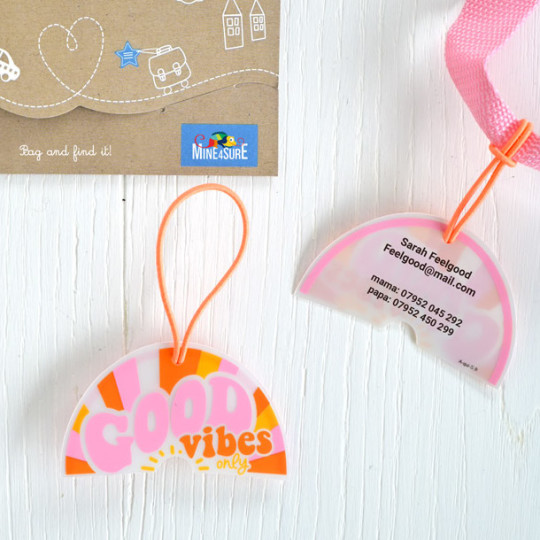 Personalised luggage bag tag. Name label for school bags luggage. Add your name and contact details Mine4sure