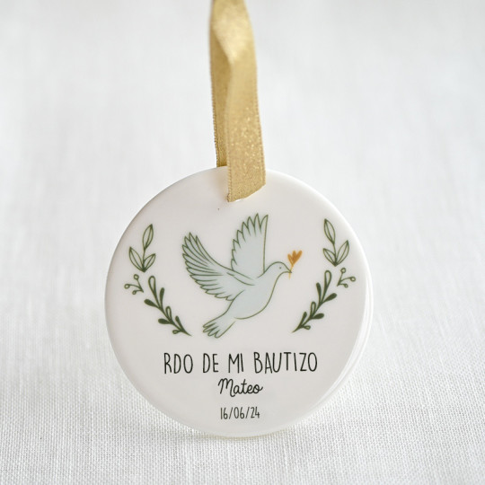 cerámica diseño paloma, recuerdo de mi bautizo con el nombre y fecha