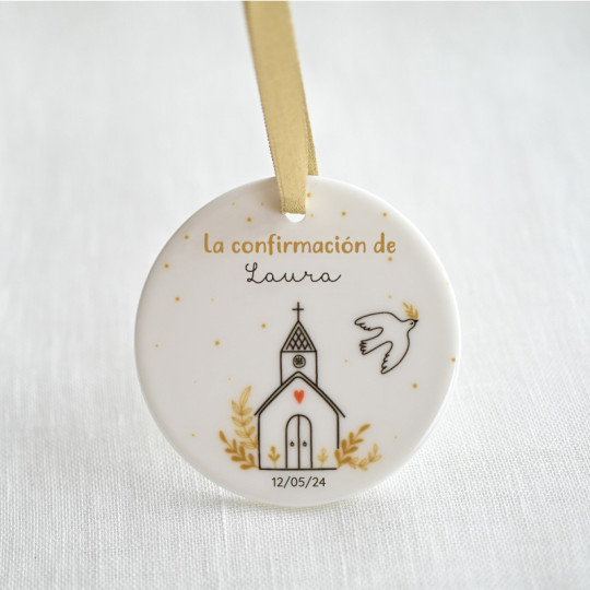 cerámica diseño religioso para confirmación con el nombre y fecha