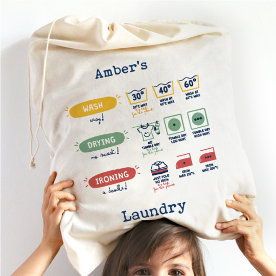 Personalised cotton draw string bag with a name to keep tidy and organised dirty laundry shoes spare clothes undies. Mine4Sure
