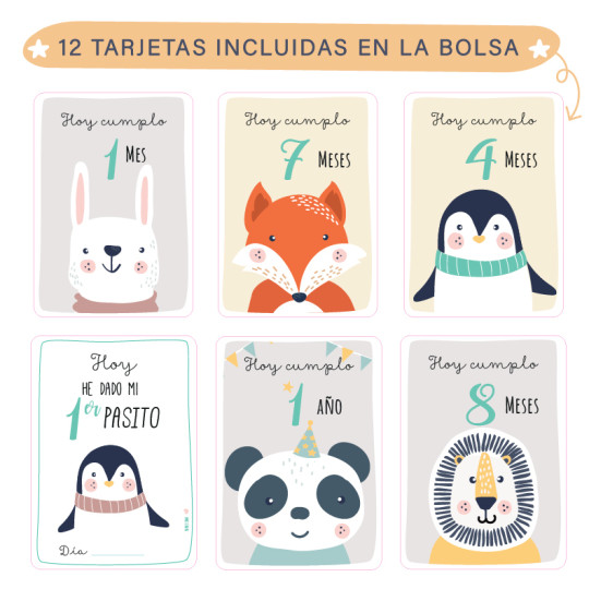 12 tarjetas de regalo incluidas en la bolsa nacimiento