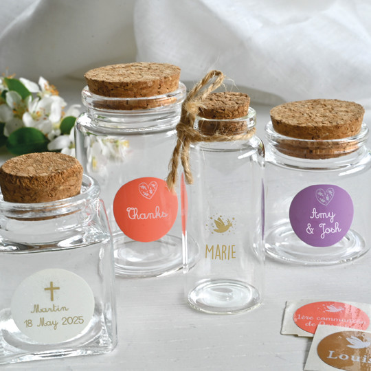 personalised round stickers for weddings, baptism, christening, holy communion