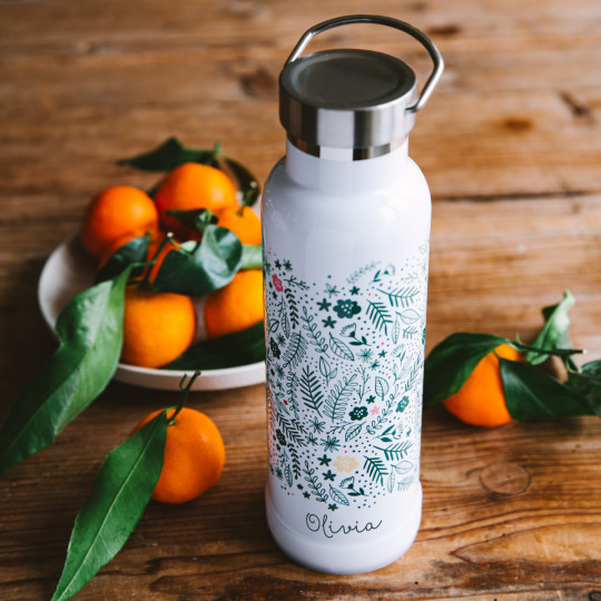 Bouteille d'eau personnalisée avec nom et motif floral