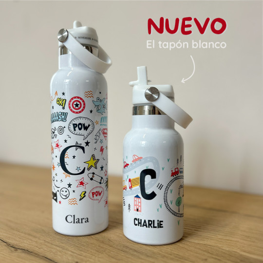 botella dibujos comic con tapón blanco
