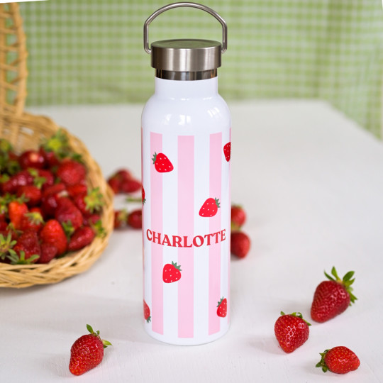 Strawberry and stripes personalised water bottle