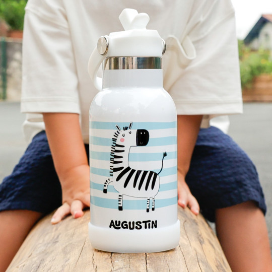 personalised kids water bottles, fun zebra and blue stripes