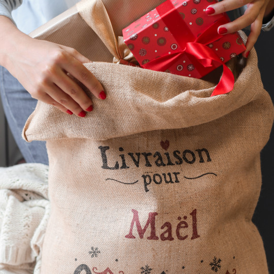 grand sac de noel en toile de jute avec prénom des enfants