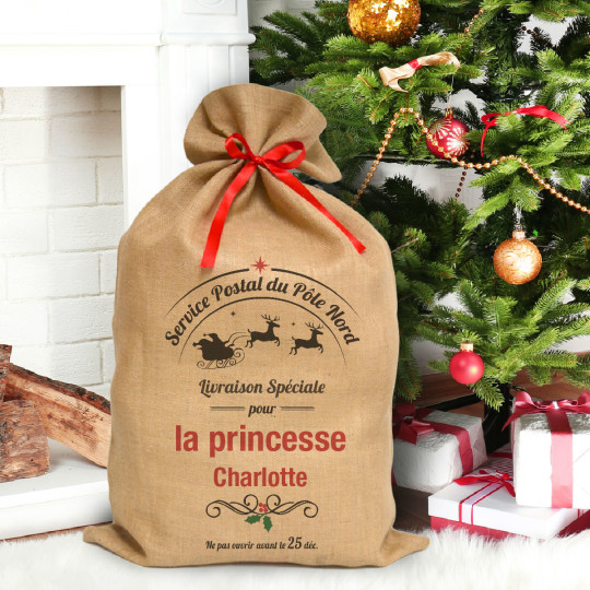 Hotte du Père Noël / sac effet toile de jute beige ou rouge