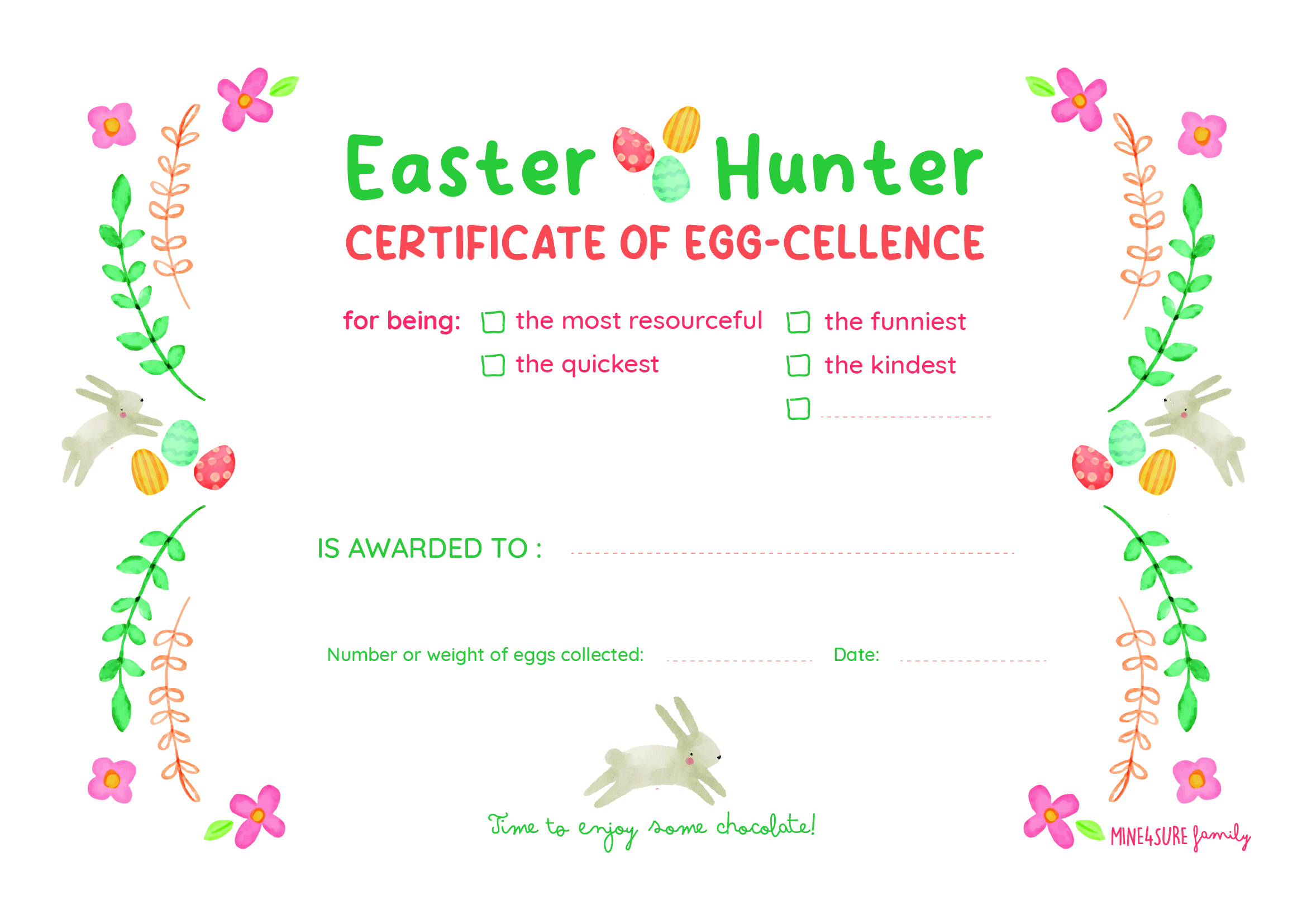 Certificate of Egg-Cellence for Easter Egg hunting champions