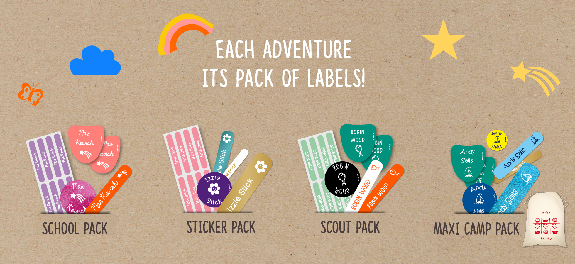 Value for money packs of personalised children labels for camp, school, scout