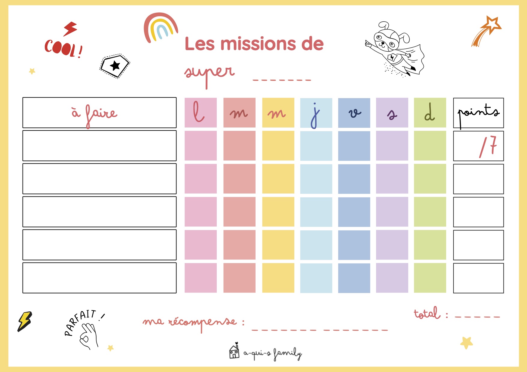 Le tableau des missions pour organiser la journée et soirée !