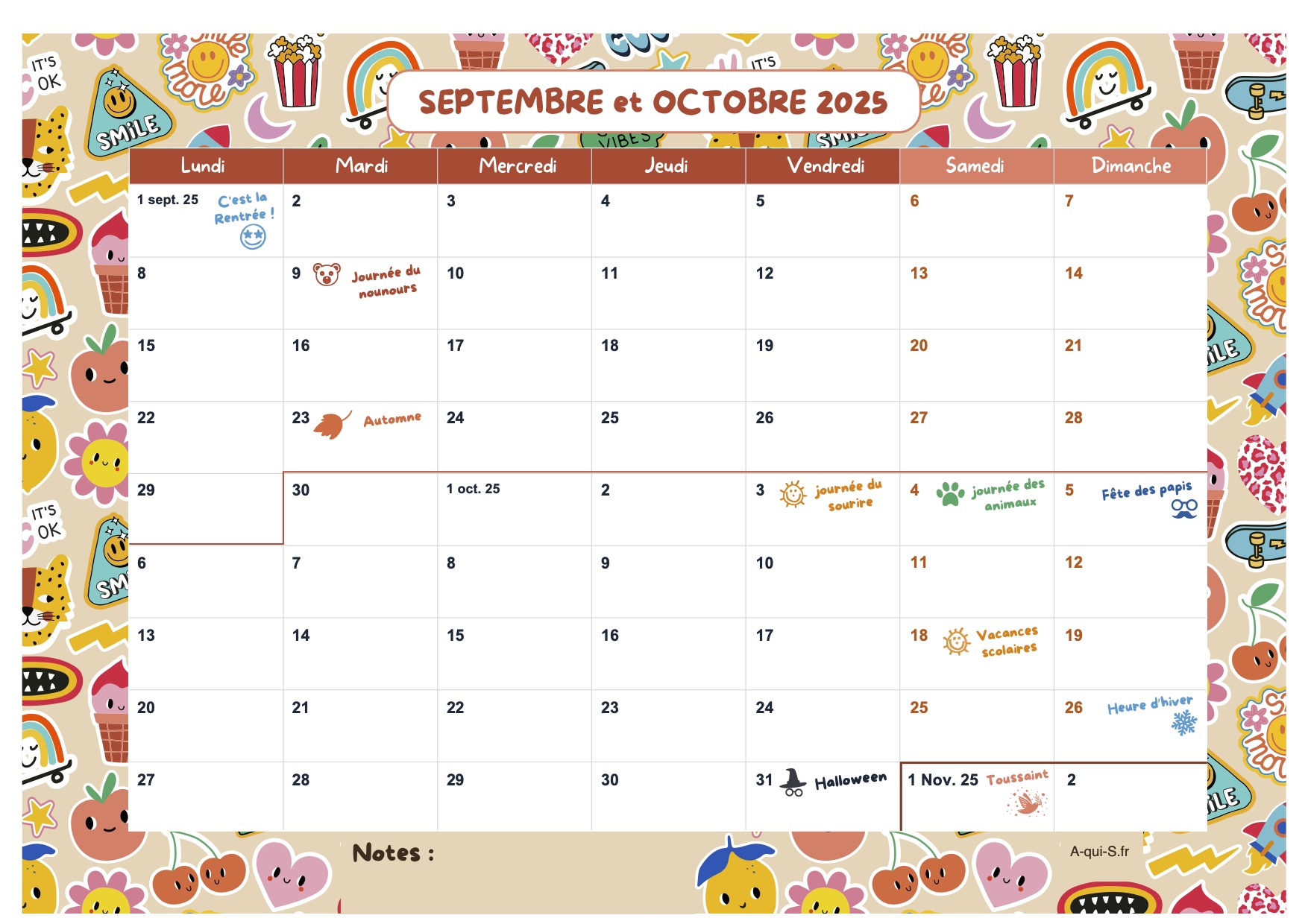 Le calendrier bimestriel A-qui-S – Septembre Octobre 2025