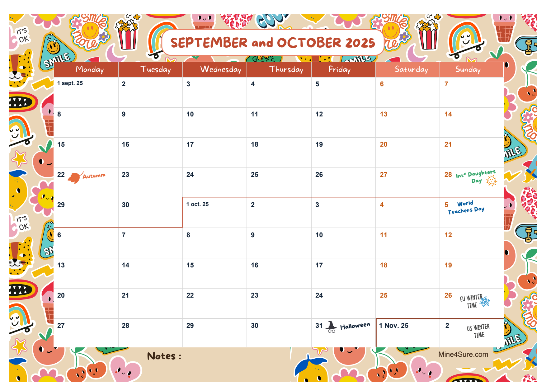 Bi-monthly September October 2025 calendar printable