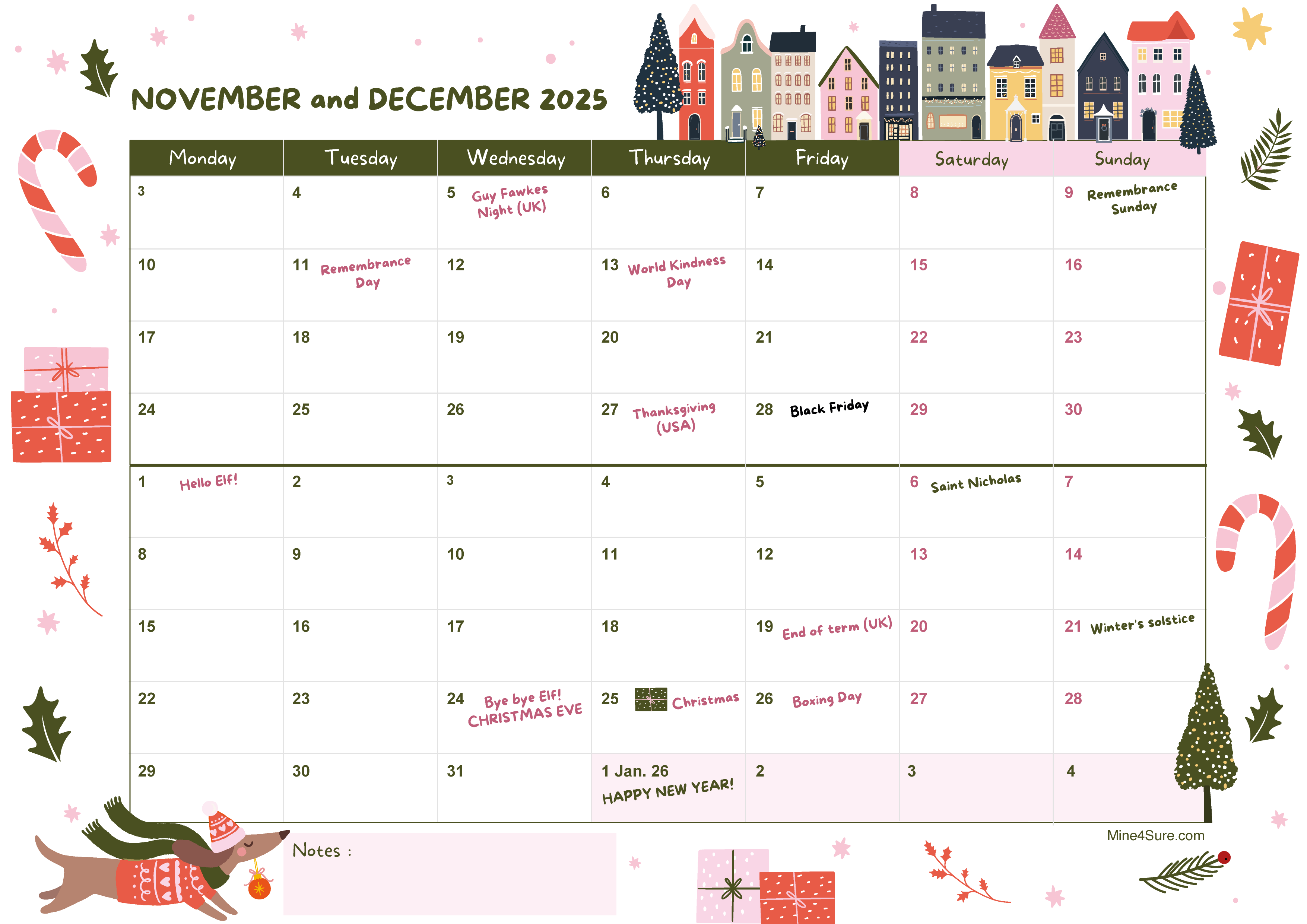November-December 2025 calendar printable