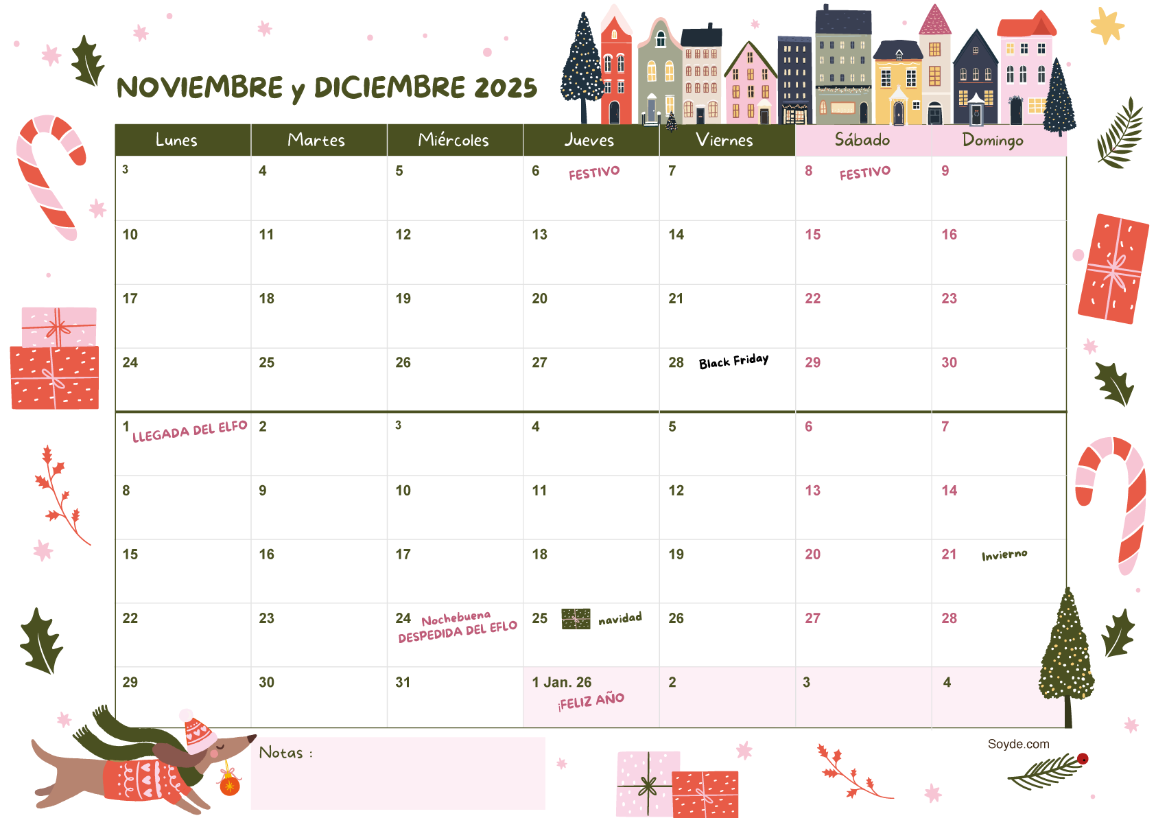 Calendario bimensual Noviembre-Diciembre 2025