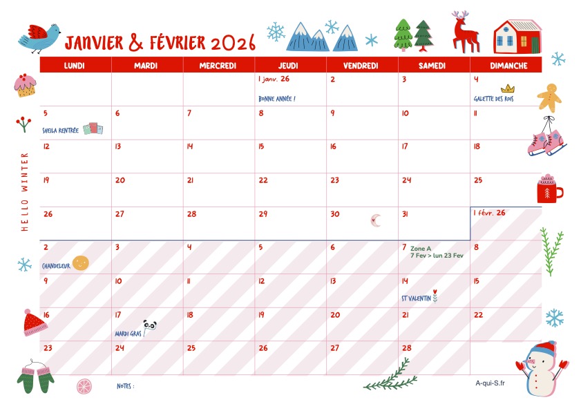 Calendrier bimestriel Janvier / Février 2026 Calendrier bimestriel Janvier / Février 2026