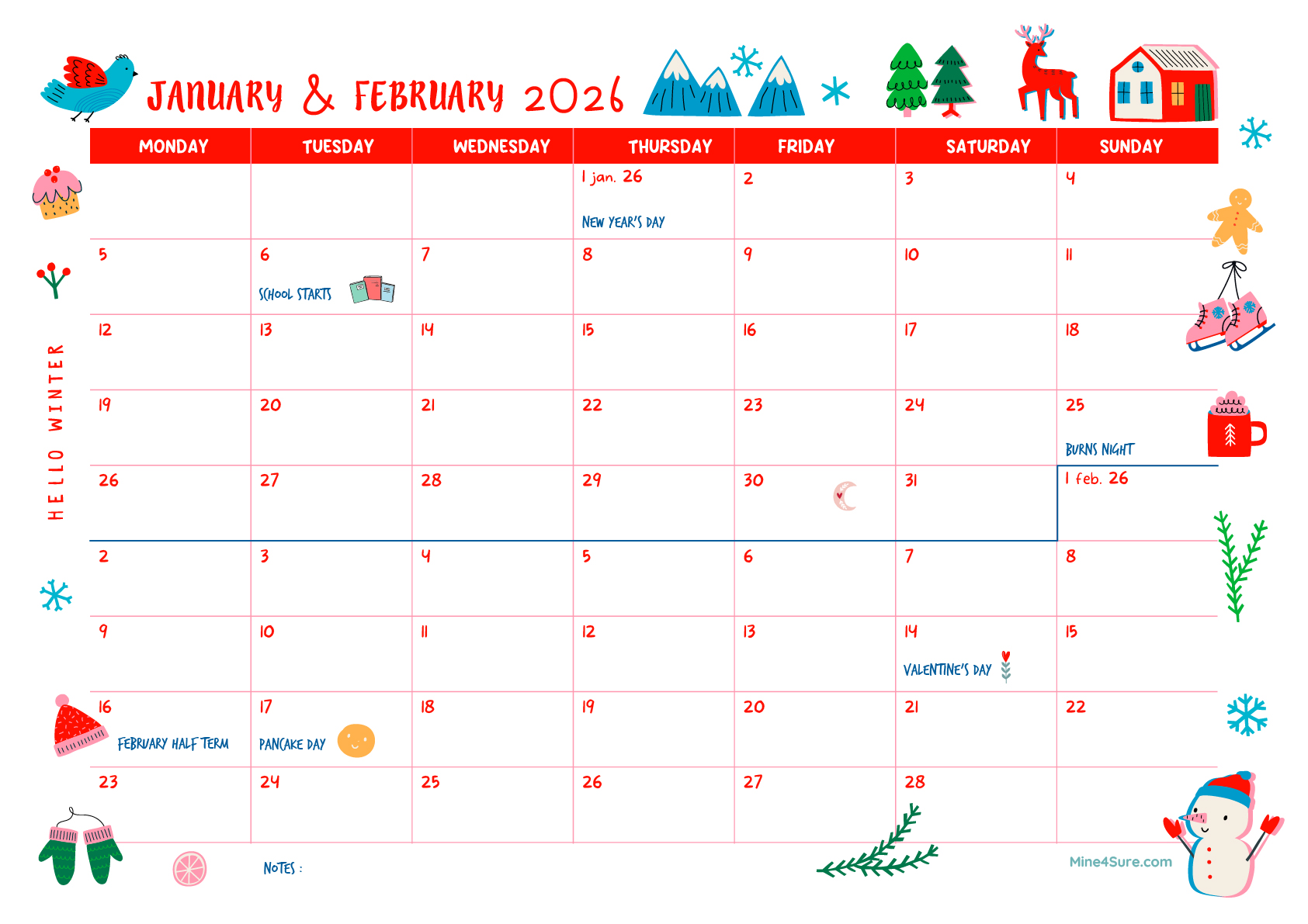 First bimonthly calendar of 2026: January-February