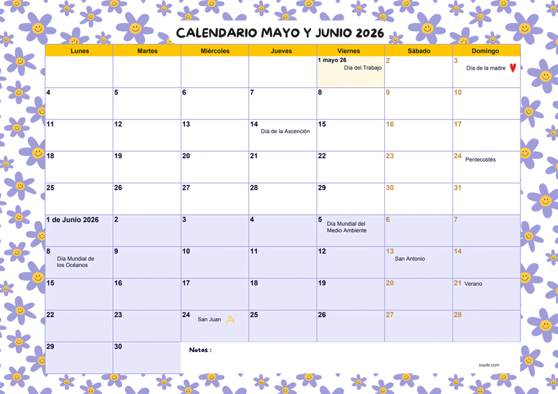 Calendario bimensual gratuito Mayo – Junio 2026