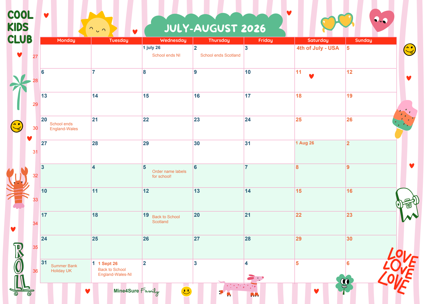 Free printable, ready to use bimonthly July and August 2026 calendar