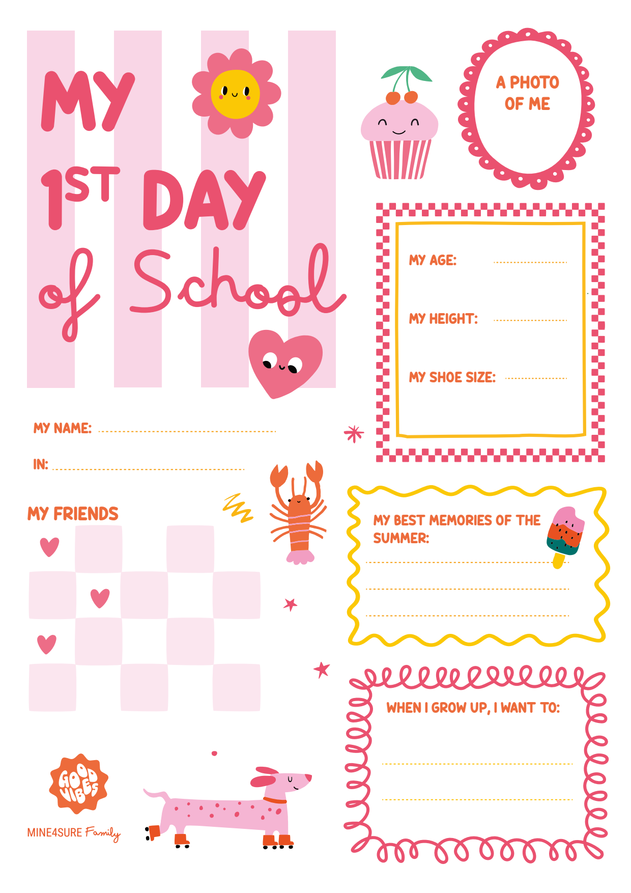 My first day of school pink version printable free to download