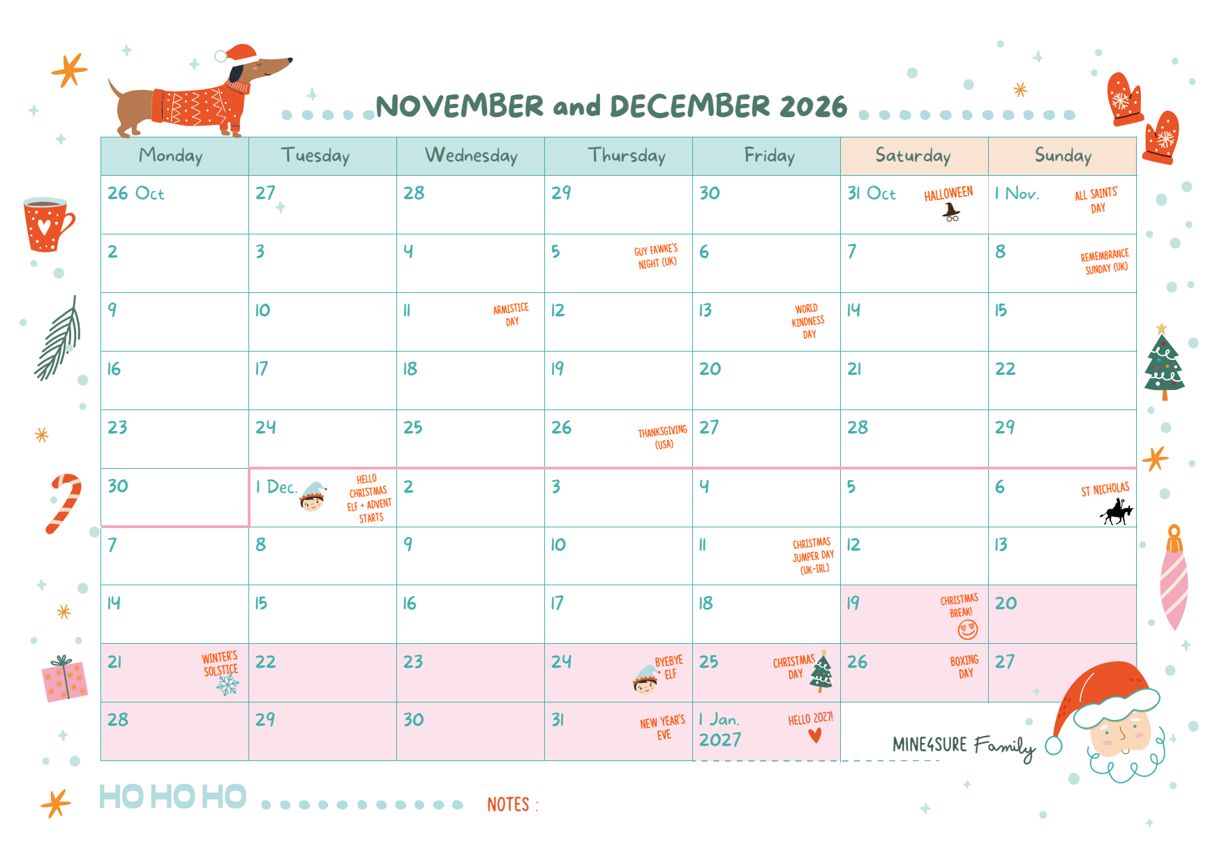 November December 2026 bimonthly calendar