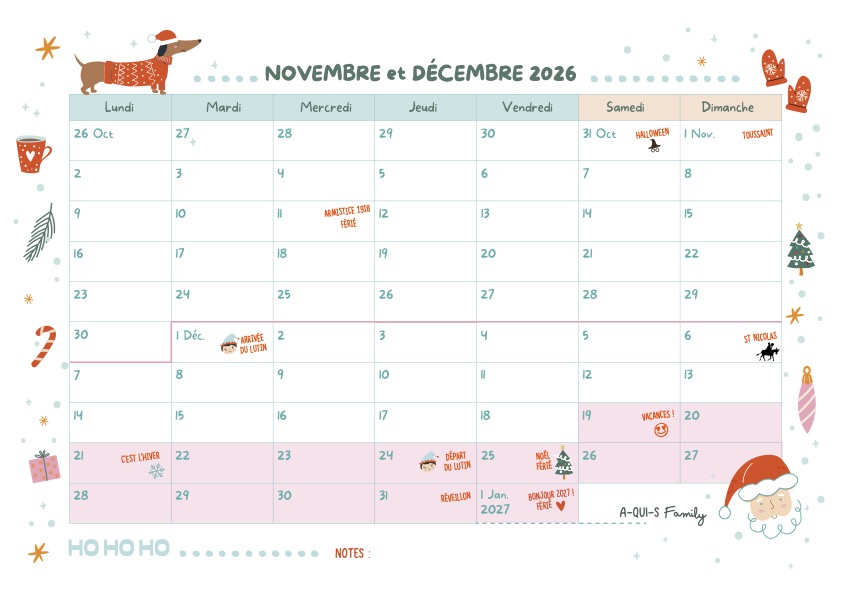Calendrier bimensuel Novembre/Décembre 2026 gratuit Calendrier bimensuel Novembre/Décembre 2026 gratuit
